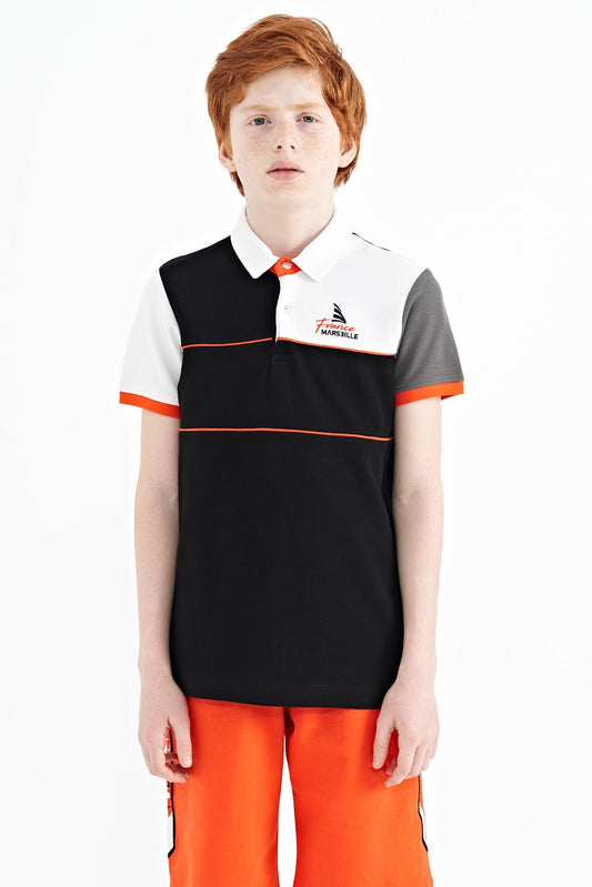 Black Color Block Embroidered Letter Detailed Standard Pattern Polo Collar Boys' T-Shirt - 11109