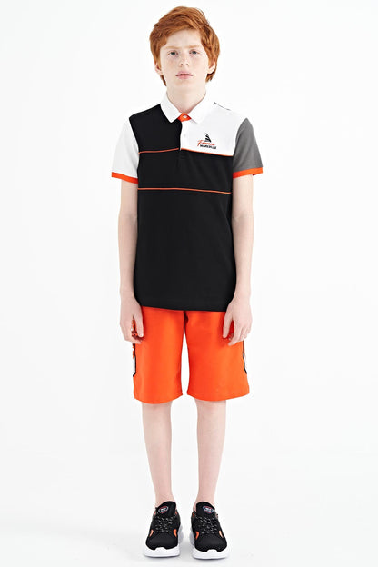 Black Color Block Embroidered Letter Detailed Standard Pattern Polo Collar Boys' T-Shirt - 11109