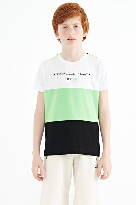 Black Color Block O Collar Print Detailed Standard Fit Boys T-Shirt - 11135