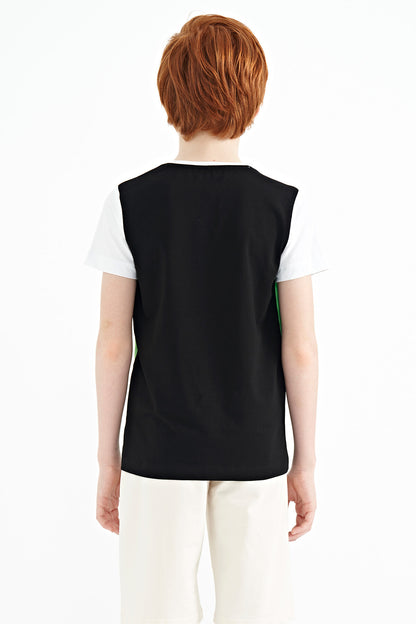 Black Color Block O Collar Print Detailed Standard Fit Boys T-Shirt - 11135