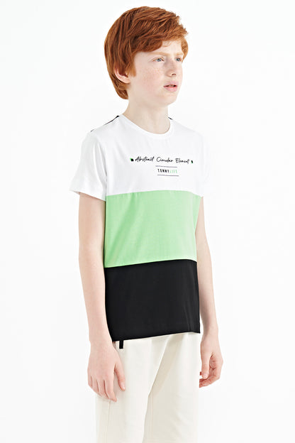 Black Color Block O Collar Print Detailed Standard Fit Boys T-Shirt - 11135