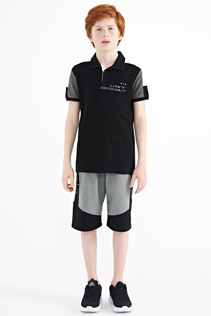 Black Color Blocked Shoulder Trim Detailed Standard Pattern Boys T-Shirt - 11155