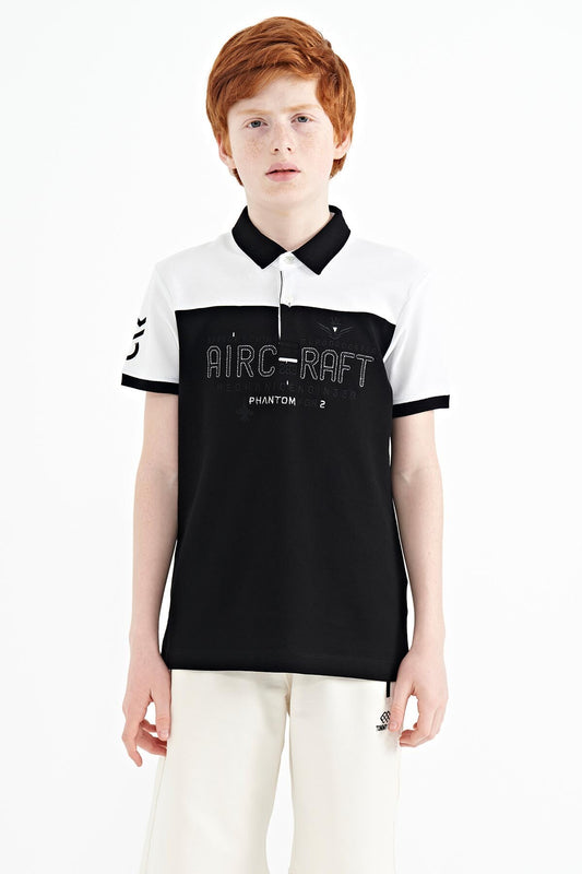 Black Color Block Letter Embroidered Standard Fit Polo Collar Boys T-Shirt - 11087