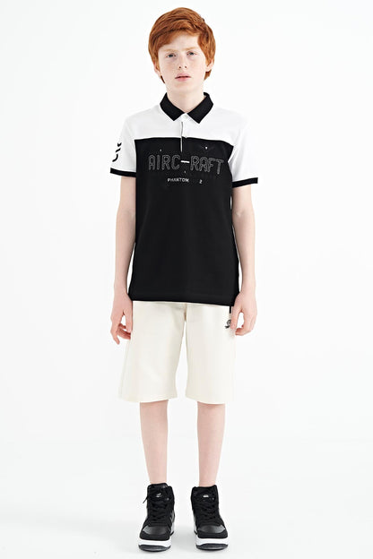 Black Color Block Letter Embroidered Standard Fit Polo Collar Boys T-Shirt - 11087