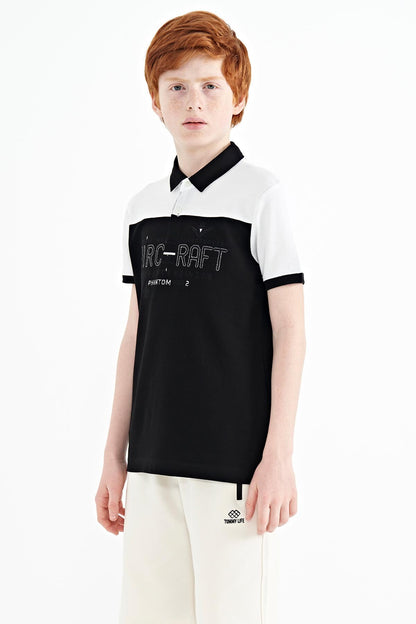 Black Color Block Letter Embroidered Standard Fit Polo Collar Boys T-Shirt - 11087