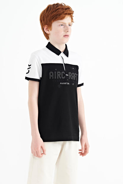 Black Color Block Letter Embroidered Standard Fit Polo Collar Boys T-Shirt - 11087