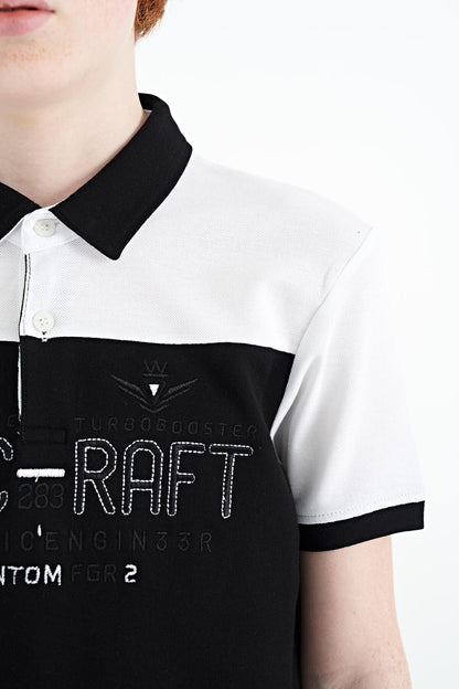 Black Color Block Letter Embroidered Standard Fit Polo Collar Boys T-Shirt - 11087