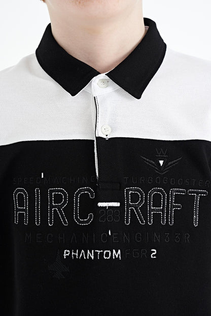 Black Color Block Letter Embroidered Standard Fit Polo Collar Boys T-Shirt - 11087