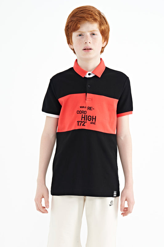 Black Color Gradient Embroidered Detailed Standard Pattern Polo Collar Boys T-Shirt - 11110