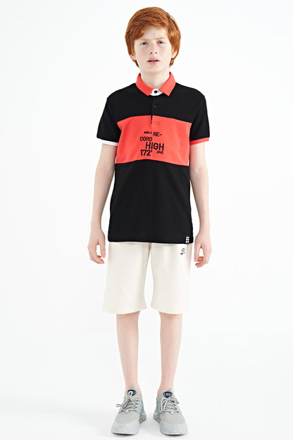 Black Color Gradient Embroidered Detailed Standard Pattern Polo Collar Boys T-Shirt - 11110