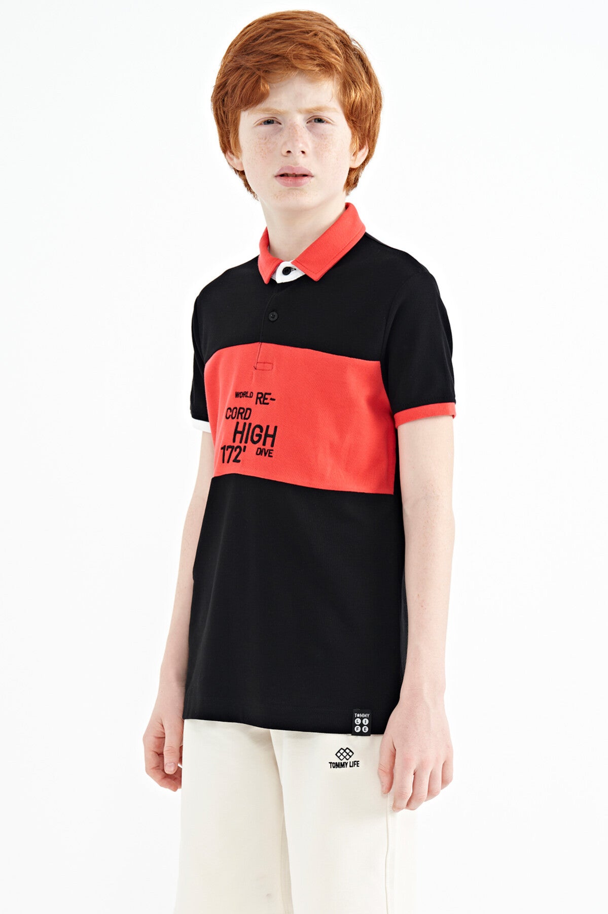 Black Color Gradient Embroidered Detailed Standard Pattern Polo Collar Boys T-Shirt - 11110