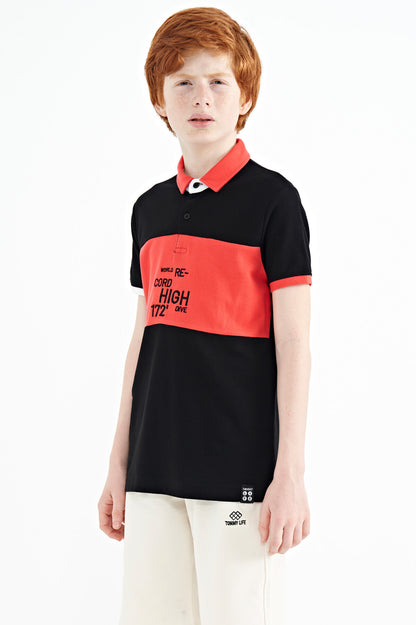 Black Color Gradient Embroidered Detailed Standard Pattern Polo Collar Boys T-Shirt - 11110