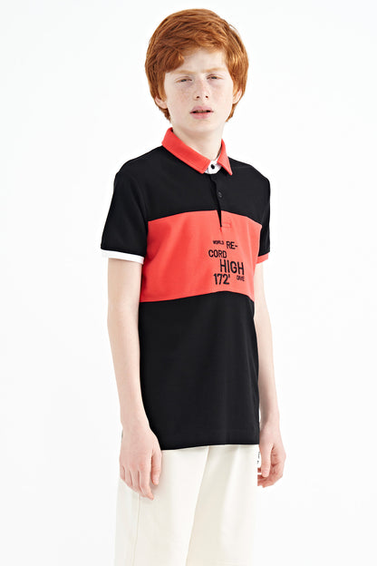Black Color Gradient Embroidered Detailed Standard Pattern Polo Collar Boys T-Shirt - 11110
