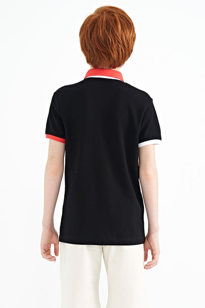 Black Color Gradient Embroidered Detailed Standard Pattern Polo Collar Boys T-Shirt - 11110