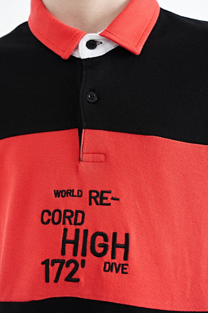 Black Color Gradient Embroidered Detailed Standard Pattern Polo Collar Boys T-Shirt - 11110