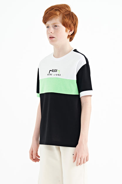 Black Color Gradient Embroidered Oversize Boys' T-Shirt - 11159