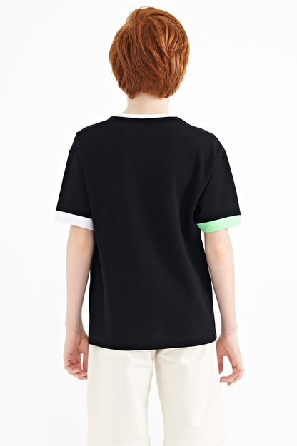 Black Color Gradient Embroidered Oversize Boys' T-Shirt - 11159