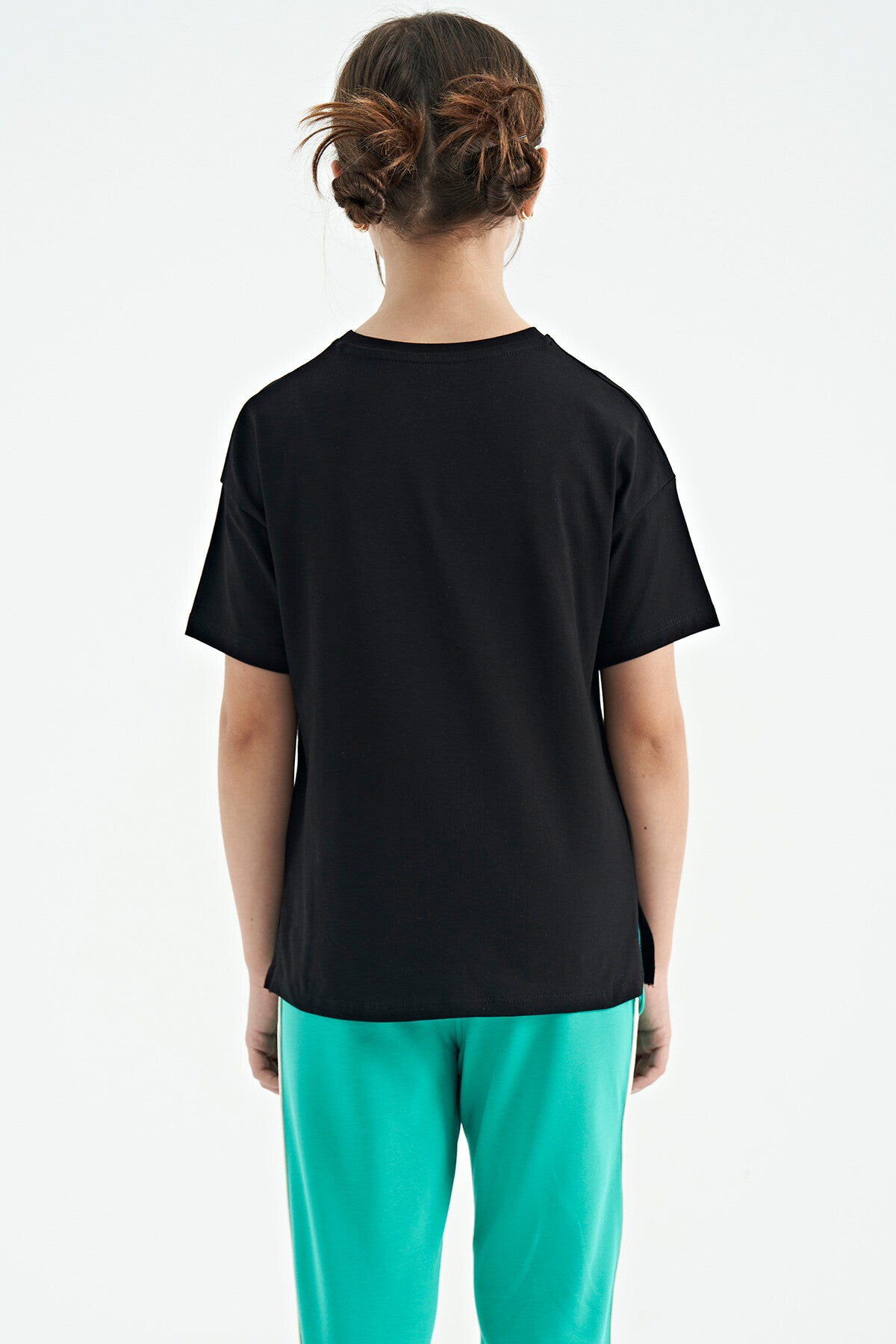Black Printed Text O Collar Oversize Short Sleeve Girls' T-Shirt - 75112