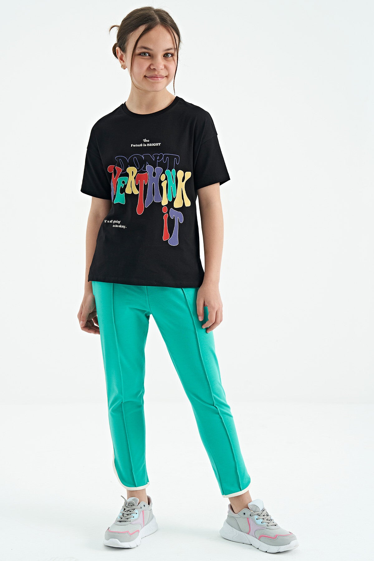 Black Printed Text O Collar Oversize Short Sleeve Girls' T-Shirt - 75112