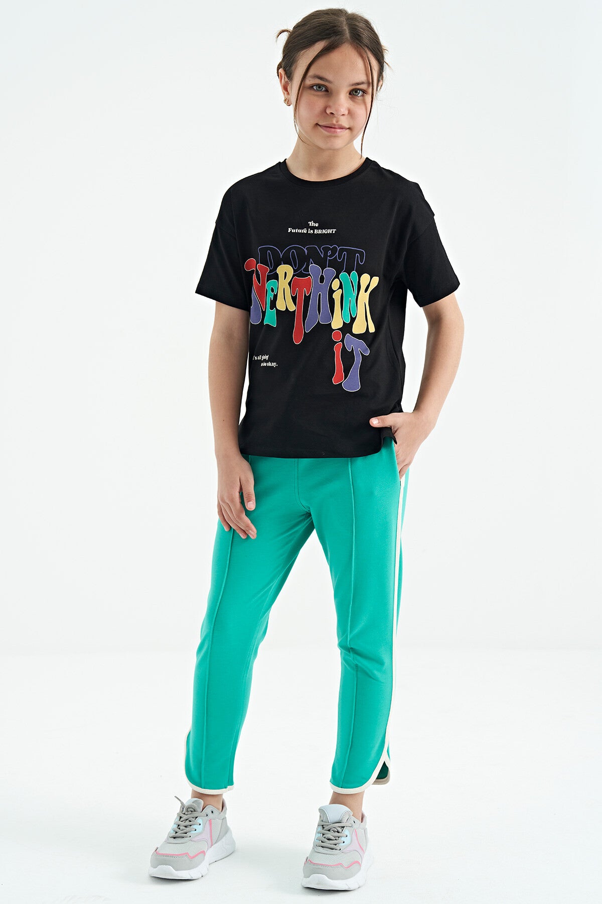 Black Printed Text O Collar Oversize Short Sleeve Girls' T-Shirt - 75112