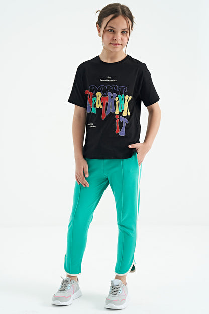 Black Printed Text O Collar Oversize Short Sleeve Girls' T-Shirt - 75112