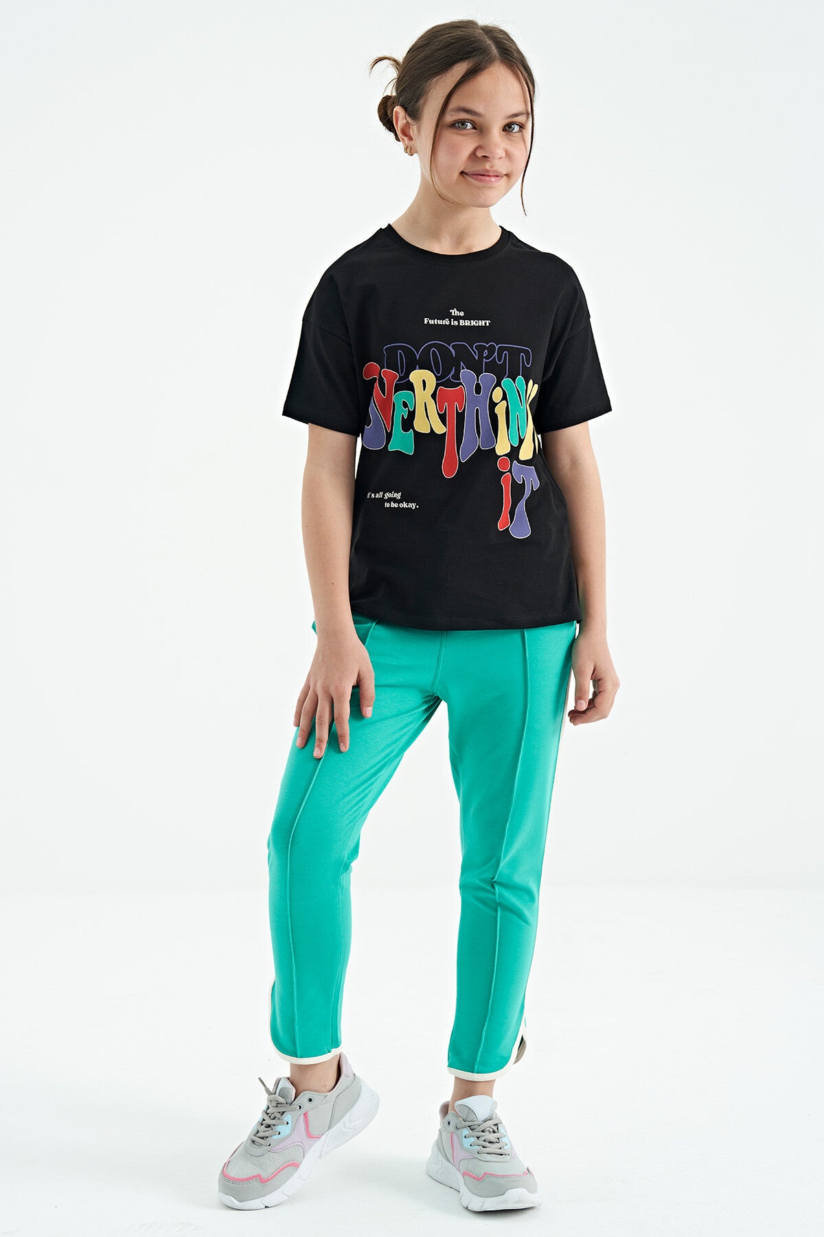 Black Printed Text O Collar Oversize Short Sleeve Girls' T-Shirt - 75112