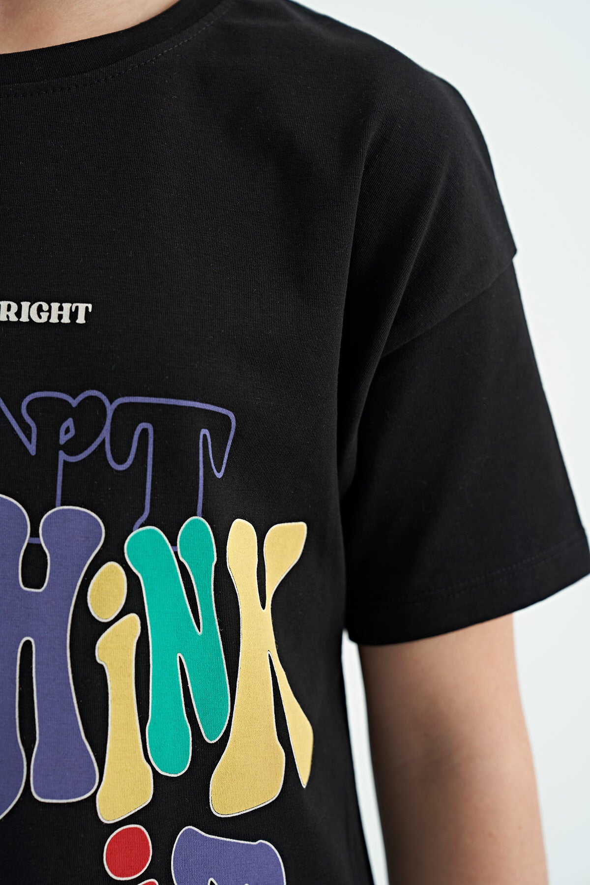 Black Printed Text O Collar Oversize Short Sleeve Girls' T-Shirt - 75112