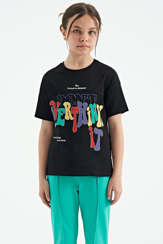 Black Printed Text O Collar Oversize Short Sleeve Girls' T-Shirt - 75112
