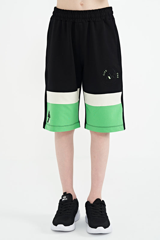 Black Color Printed Laced Embroidery Detailed Standard Pattern Boys Shorts - 11129