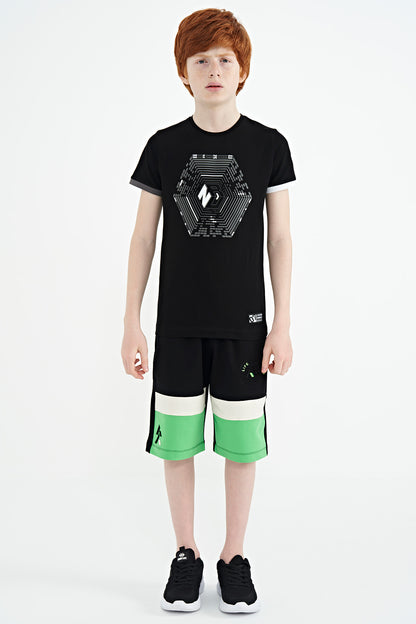 Black Color Printed Laced Embroidery Detailed Standard Pattern Boys Shorts - 11129