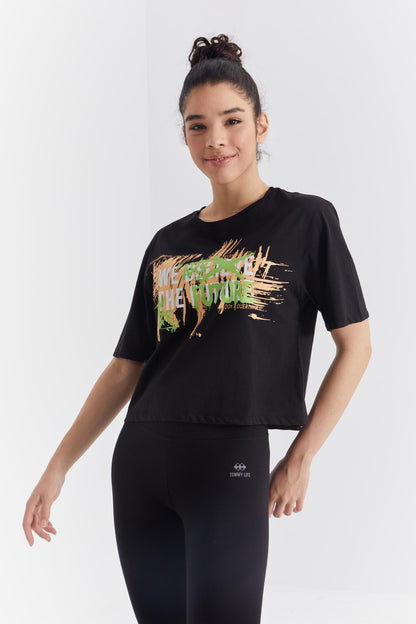 Black Color Printed Letter O Collar Women's Oversize T-Shirt - 97212