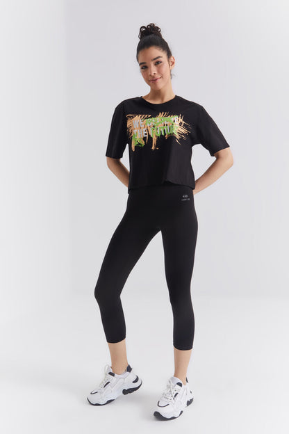 Black Color Printed Letter O Collar Women's Oversize T-Shirt - 97212