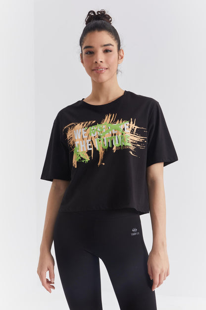 Black Color Printed Letter O Collar Women's Oversize T-Shirt - 97212