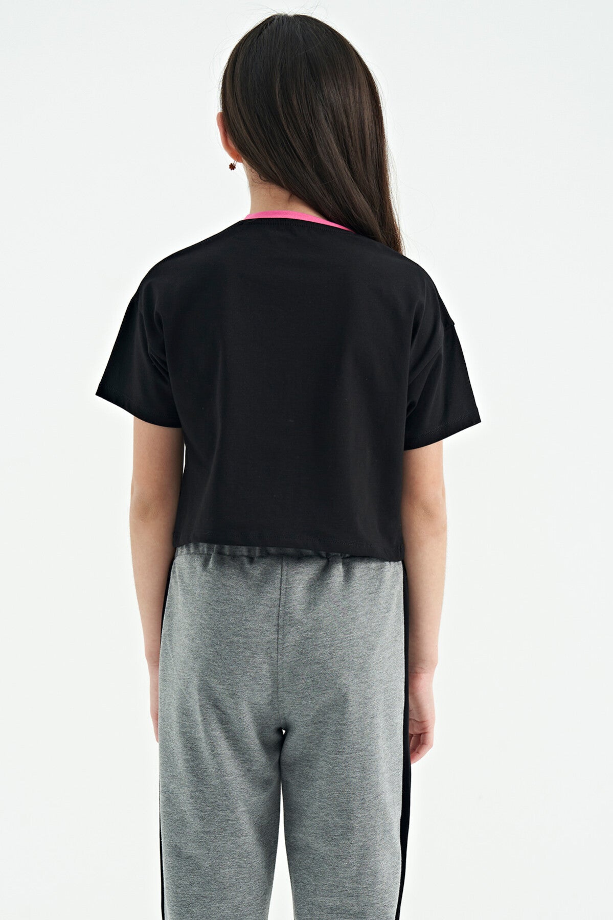 Black Color Print O Collar Oversize Short Sleeve Girl's T-Shirt - 75111