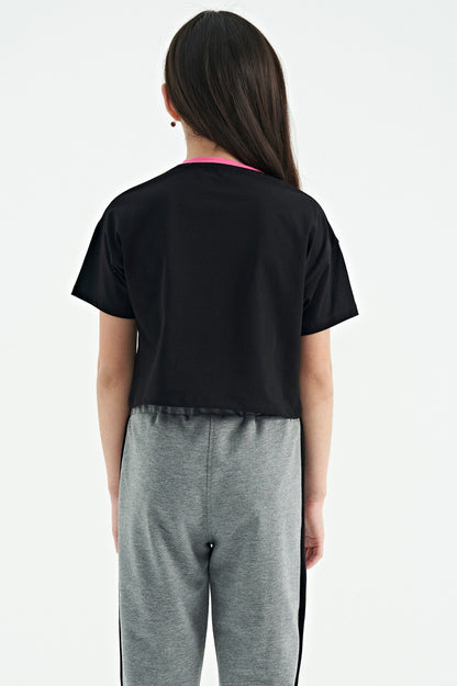 Black Color Print O Collar Oversize Short Sleeve Girl's T-Shirt - 75111