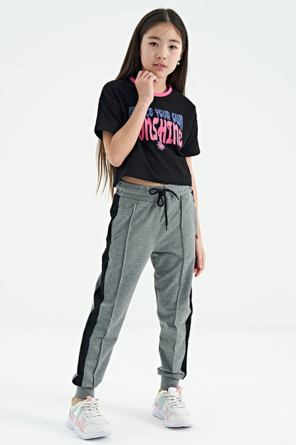 Black Color Print O Collar Oversize Short Sleeve Girl's T-Shirt - 75111
