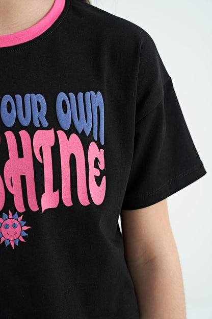 Black Color Print O Collar Oversize Short Sleeve Girl's T-Shirt - 75111