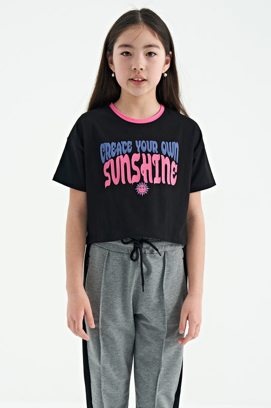 Black Color Print O Collar Oversize Short Sleeve Girl's T-Shirt - 75111