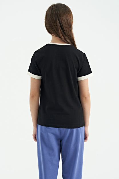 Black Color Detailed O Collar Comfort Fit Girls T-Shirt - 75109