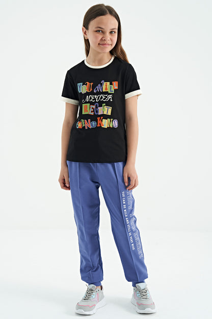 Black Color Detailed O Collar Comfort Fit Girls T-Shirt - 75109