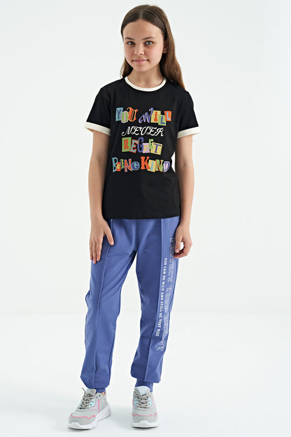 Black Color Detailed O Collar Comfort Fit Girls T-Shirt - 75109