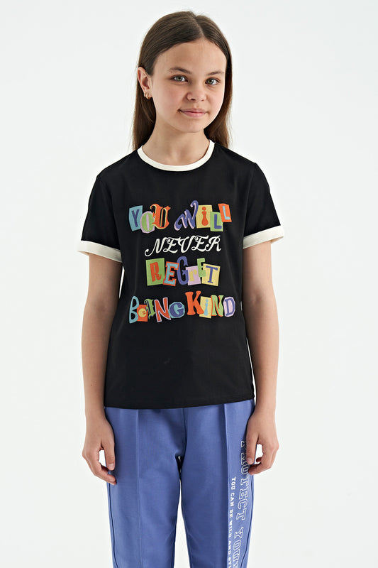Black Color Detailed O Collar Comfort Fit Girls T-Shirt - 75109