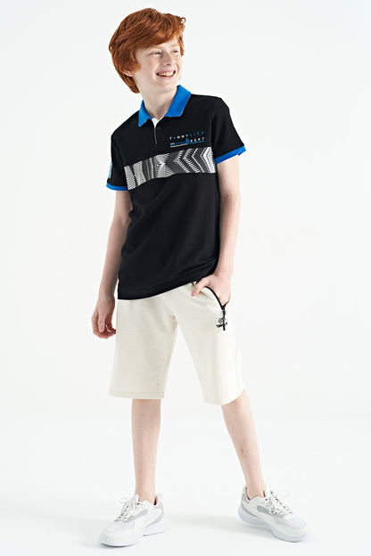 Black Striped Print Detailed Polo Collar Standard Cut Boys T-Shirt - 11162
