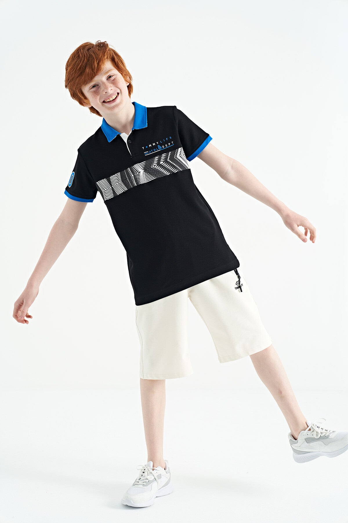 Black Striped Print Detailed Polo Collar Standard Cut Boys T-Shirt - 11162