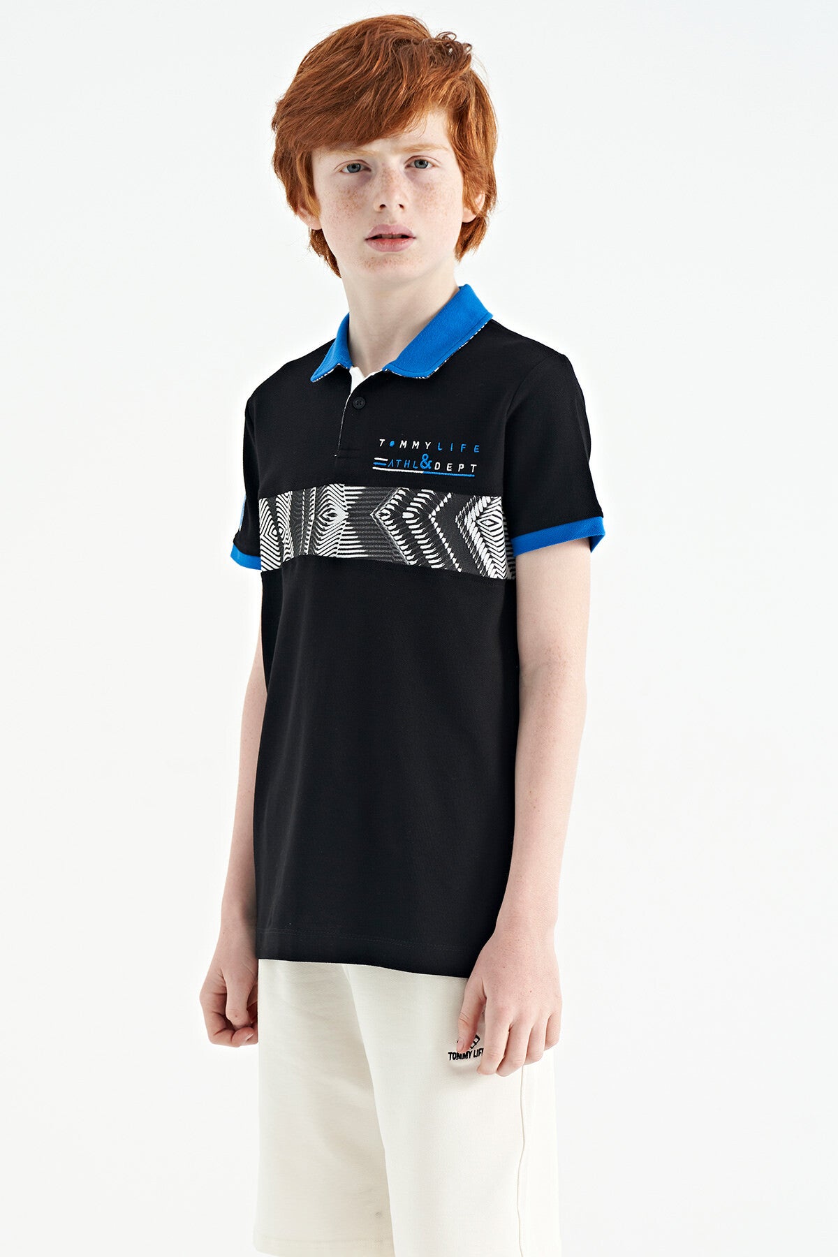 Black Striped Print Detailed Polo Collar Standard Cut Boys T-Shirt - 11162