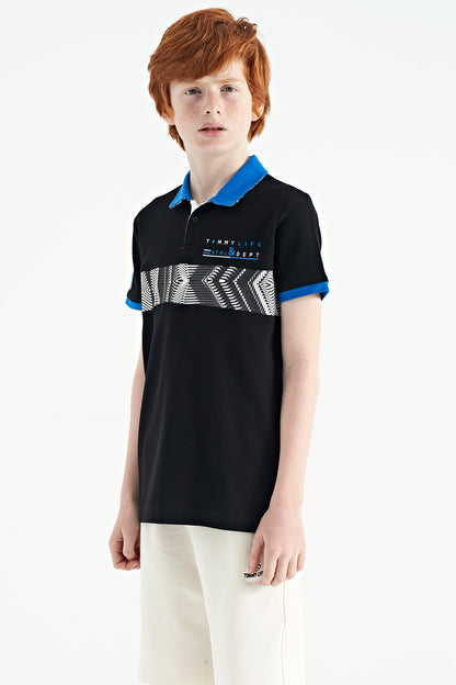 Black Striped Print Detailed Polo Collar Standard Cut Boys T-Shirt - 11162