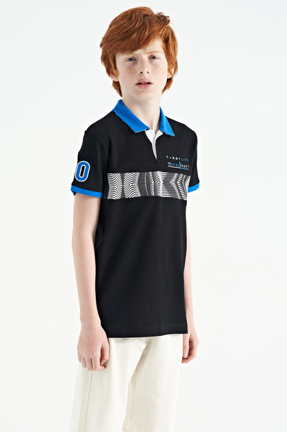 Black Striped Print Detailed Polo Collar Standard Cut Boys T-Shirt - 11162