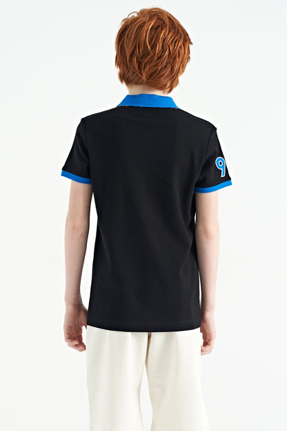 Black Striped Print Detailed Polo Collar Standard Cut Boys T-Shirt - 11162
