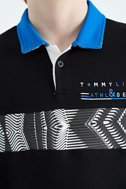Black Striped Print Detailed Polo Collar Standard Cut Boys T-Shirt - 11162
