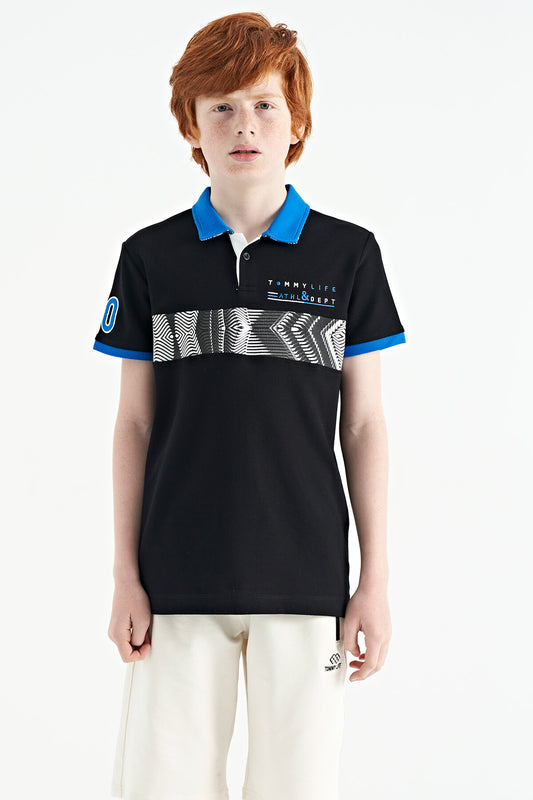 Black Striped Print Detailed Polo Collar Standard Cut Boys T-Shirt - 11162